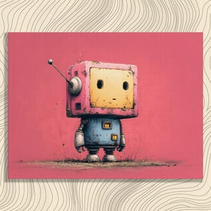May include: A whimsical illustration of a retro robot with a pink television-shaped head and a yellow screen. The robot has a blue body, silver arms, and small feet. It stands on a patch of dirt against a pink background.