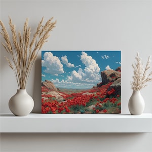 Mohnfeld Leinwand Wand Kunst - Rote Mohnblume Landschaftsdruck Blumen Wiese Dekor Natur Wandbehang Botanischer Garten Kunstwerk Print Kollektion