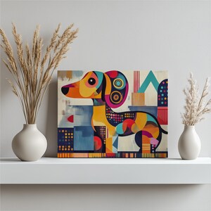 Dachshund Canvas Wall Art Abstract Colorful Geometric Modern Dog Art for Living Room Decor, Boho Home Decor Gift, Inexpensive Canvas Artwork