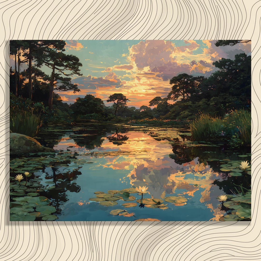 Forest Pond Sunset Canvas Wall Art – Tranquil Forest Pond Landscape ...