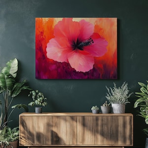 Abstract Hibiscus canvas wall art, vibrant colorful painting for modern home decor large size with floral and nature motifs, Art for Bedroom