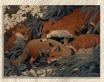 Cuadro decorativo de pared en lienzo con la familia de zorros en el bosque: pintura vintage con estampado de naturaleza y fauna silvestre, ilustración rústica de animales, regalo de zorro rojo.