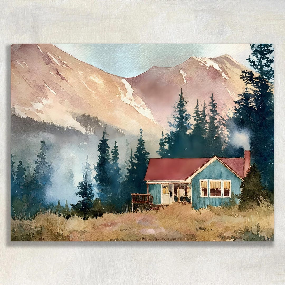 Mountain Cabin Canvas Wall Art – Cozy Blue Cottage Watercolor Rustic ...