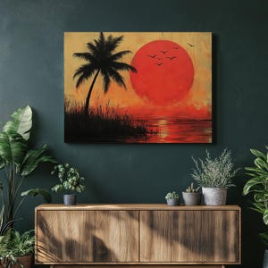 Tropical Sunset Palm Tree Silhouette Canvas Print - Vibrant Wall Art Painting Decor with Birds Water Reflection, Perfect Gift for Home