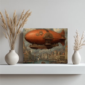 May include: An orange airship with intricate details floats above a city with classical architecture. The artwork is displayed on a white shelf, flanked by vases with dried plants, creating a vintage aesthetic.
