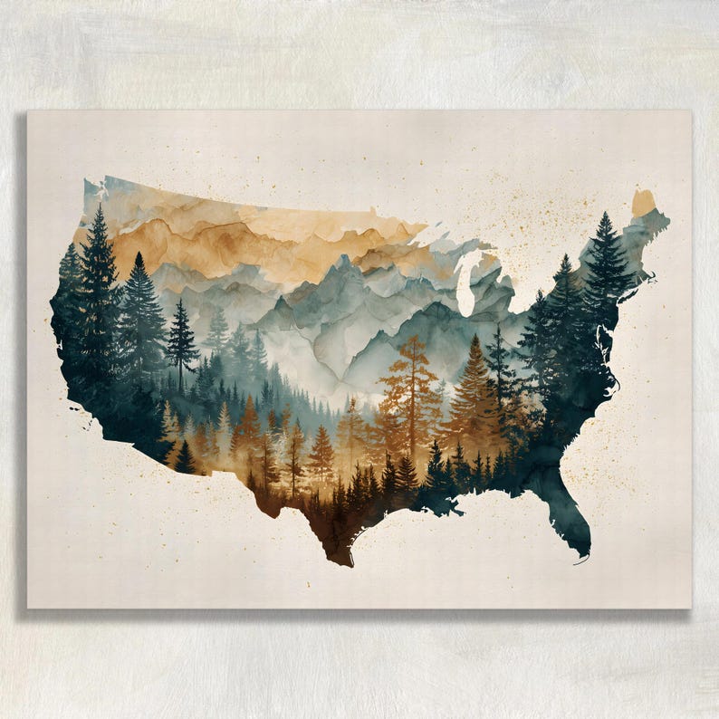 United States Map Canvas Wall Art - Watercolor Mountain Forest