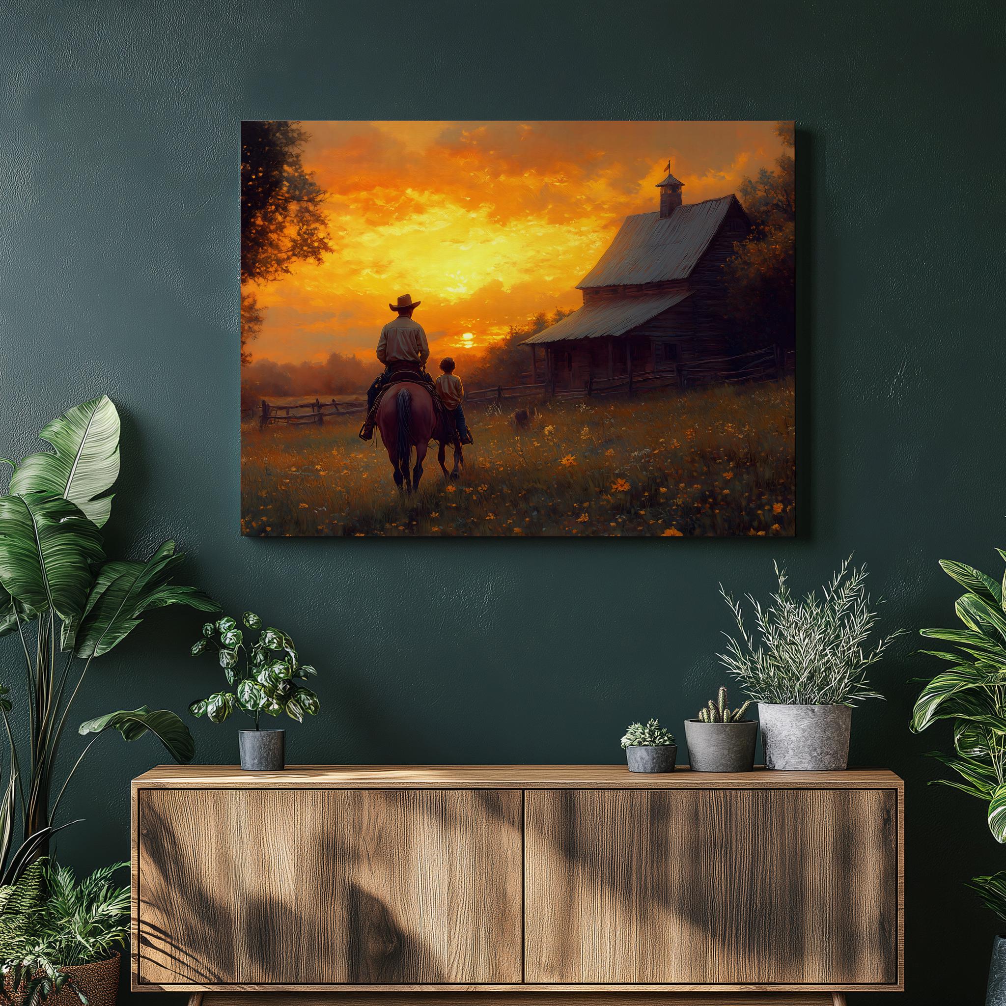 Cowboy Sunset Canvas Wall Art - Vintage Western Theme Decor Rustic Red ...