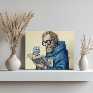 Lienzo decorativo de robot monje: impresión de erudito medieval, lector de libros, decoración, estudio robótico steampunk, póster vintage con ilustración de ratón de biblioteca.