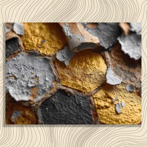 May include: Close-up of a textured surface with peeling paint. The surface is composed of irregular shapes in gold, gray, and black, with areas of exposed brown. The paint is chipped and cracked, revealing the layers beneath.