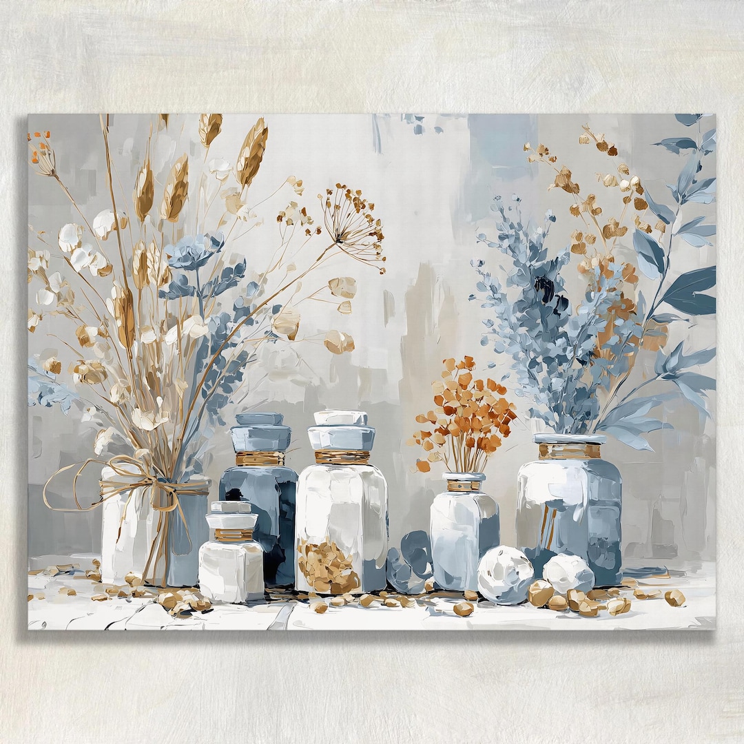 Modern Neutral Floral Canvas Wall Art - Blue Beige Still Life Print ...