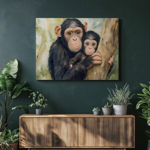Chimpanzee Canvas Wall Art - Mother and Baby Chimpanzee Print, Nature Inspired Colorful Wildlife Home Decor, Ideal Gift for Animal Lovers
