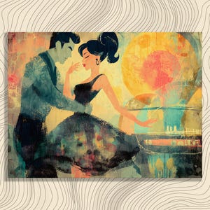 以下が含まれることがあります： 抽象的な絵画で、踊るカップルが描かれています。青いスーツを着た男性が、黒いドレスを着た女性を抱きしめています。背景には、黄色やオレンジなどの暖色系の色と、青と緑のヒントが使われています。