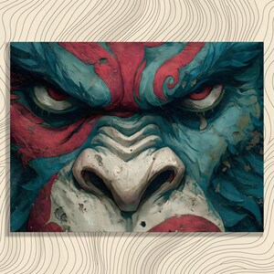 May include: Close-up of a stylized gorilla face with red and blue paint. The gorilla's face is detailed with red markings on the forehead and around the eyes, with a white nose and mouth. The eyes are red, and the fur is blue.