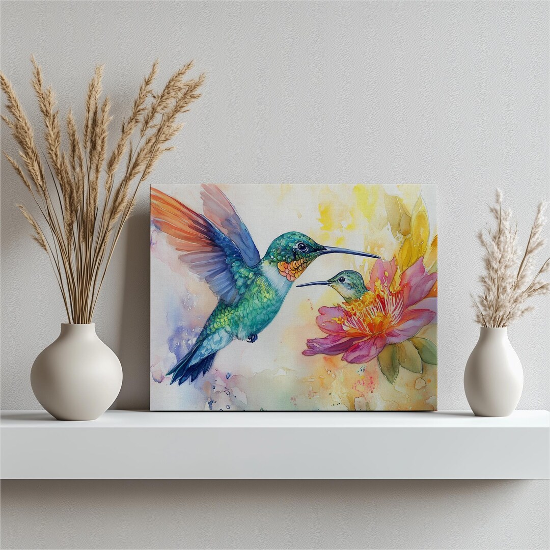 Hummingbird Canvas Wall Art, Watercolor Birds, Tropical Floral Print ...