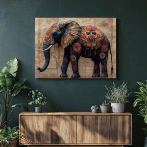 Majestätische Elefant Leinwanddruck mit Vintage Karte Hintergrund - Boho Eclectic Wand Kunst Dekor Lebendiges Natur Inspiriertes Tapisserie Muster