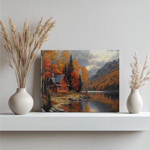 Rustic Cabin Canvas Wall Art - Autumn Lake Forest Landscape, Mountain Cabin Decor, Cozy Country Farmhouse Fall Home Decor Art