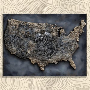 May include: A detailed, three-dimensional artwork depicting the United States map. The map is textured with various elements and features a prominent motorcycle engine in the center. The color palette is primarily grayscale with a dark background.