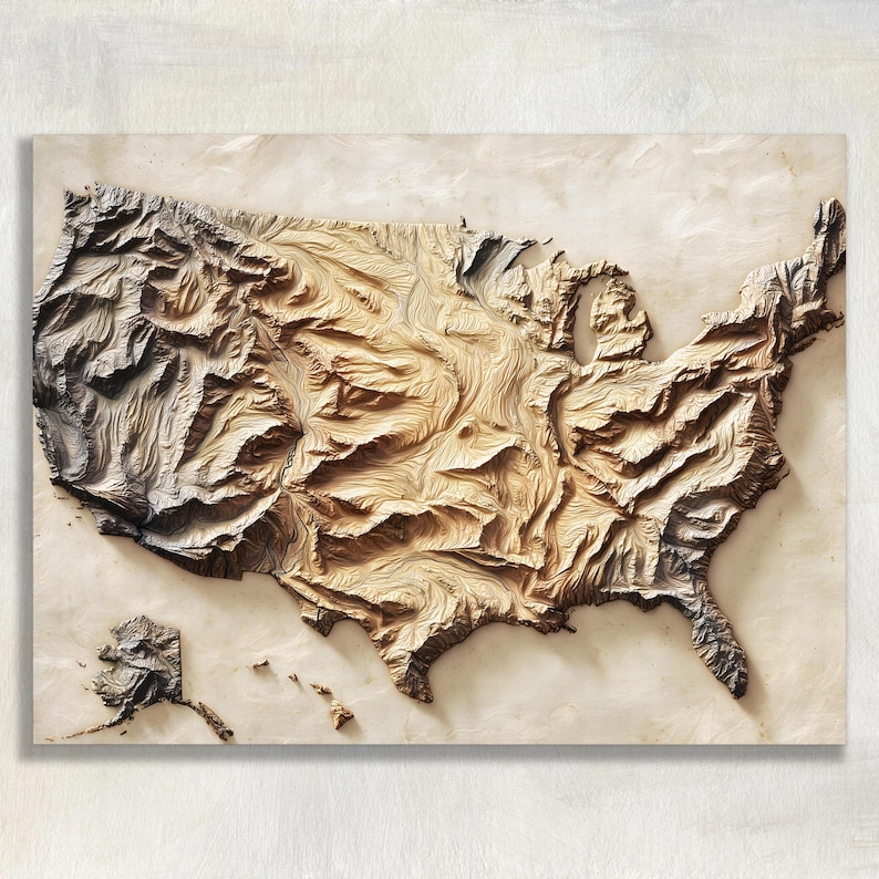 United States Map Canvas Wall Art - Vintage Topographic Relief Map