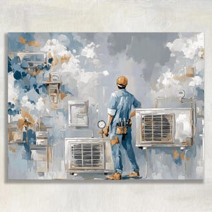 May include: An abstract painting depicts an HVAC technician in blue coveralls and a hard hat, inspecting air conditioning units. The artwork features a palette of blues, grays, and touches of gold, with a cloudy sky background. The scene is a stylized representation of a commercial or industrial setting.