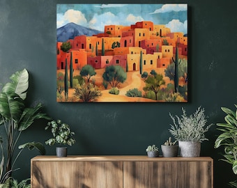 May include: A watercolor painting depicts a desert village with orange and yellow buildings under a blue sky with clouds. Green trees and cacti dot the landscape, with a mountain in the background. The artwork is displayed on a wall.