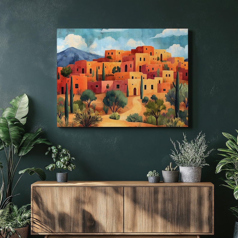 Santa Fe adobe canvas wall art - New Mexico pueblo landscape painting with desert plants mountains and rustic homes southwestern decor print image 1