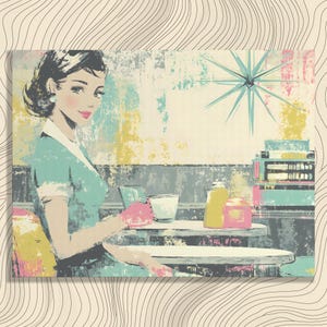 May include: Vintage-style print depicting a woman in a diner. The artwork uses a pastel colour palette with teal, pink, and yellow accents. The woman is holding a cup and saucer. A starburst design and stacked books are in the background.