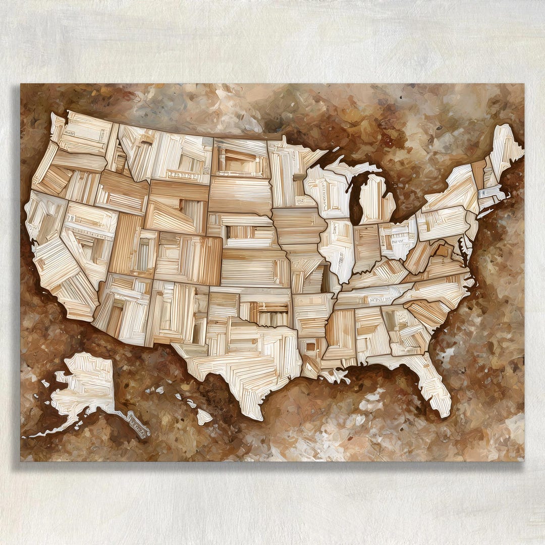 United States Map Canvas Wall Art - Vintage Book Collage Neutral ...