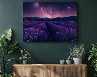 May include: A canvas print depicting a lavender field under a starry night sky. The field is filled with rows of purple flowers, leading towards a mountain range. The sky is a mix of purple and pink hues.