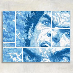 May include: A blue and white comic book style art print featuring multiple panels of a person's face with intense expressions. The artwork uses detailed cross-hatching lines to depict eyes, hair, and stormy clouds in a monochromatic blue ink aesthetic.