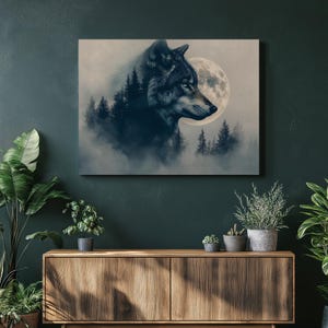 Mystical Wolf Canvas Wall Art, full moon decor for nature lovers, enchanted forest painting, wildlife wall hanging, Home Office Decoration