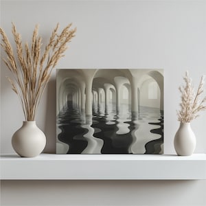 May include: A canvas print showing a surreal architectural scene. The artwork features a long, arched corridor with columns reflected in rippling water. The water has a black and white checkered pattern. The color palette is grayscale.