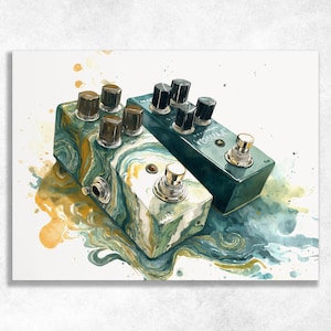 May include: Two guitar effect pedals. One is teal and white with brown knobs, the other is dark teal with black knobs. The pedals are on a white background with watercolor paint splashes.