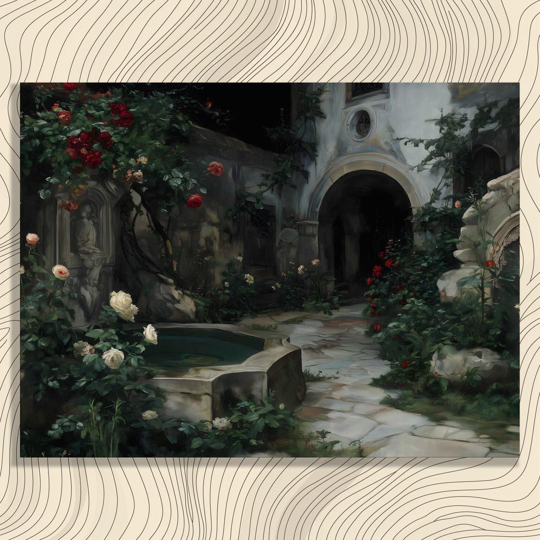 Rose Garden Canvas Wall Art – Romantic Courtyard Fountain Print Vintage ...