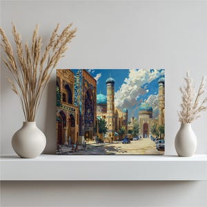 Test 3 mockup for Uzbekistan Canvas Wall Art, traditional Silk Road bazaar painting, high detail, nostalgic Uzbek tilework, super realistic oil painting