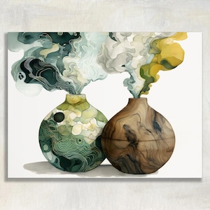 May include: Two decorative vases with a watercolor effect. One vase is green with white and gold accents, the other is brown with wood grain. Both vases have colorful smoke-like designs emanating from the top.