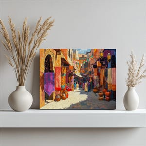 Décoration murale sur toile Maroc vif, souks colorés de Marrakech, tissus exotiques, épices, belles lanternes, soleil chaud du désert, superbe décoration murale