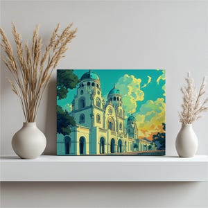 Cathedral Sunset Canvas Wall Art – Colorful church decor architectural print modern cathedral artwork blue green clouds digital illustration