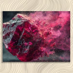 May include: A digitally enhanced image of a large, jagged, ruby-red gemstone fragment. The fragment appears to be exploding into a cloud of pink and red particles, creating a dynamic and artistic effect. The background is a dark gray.