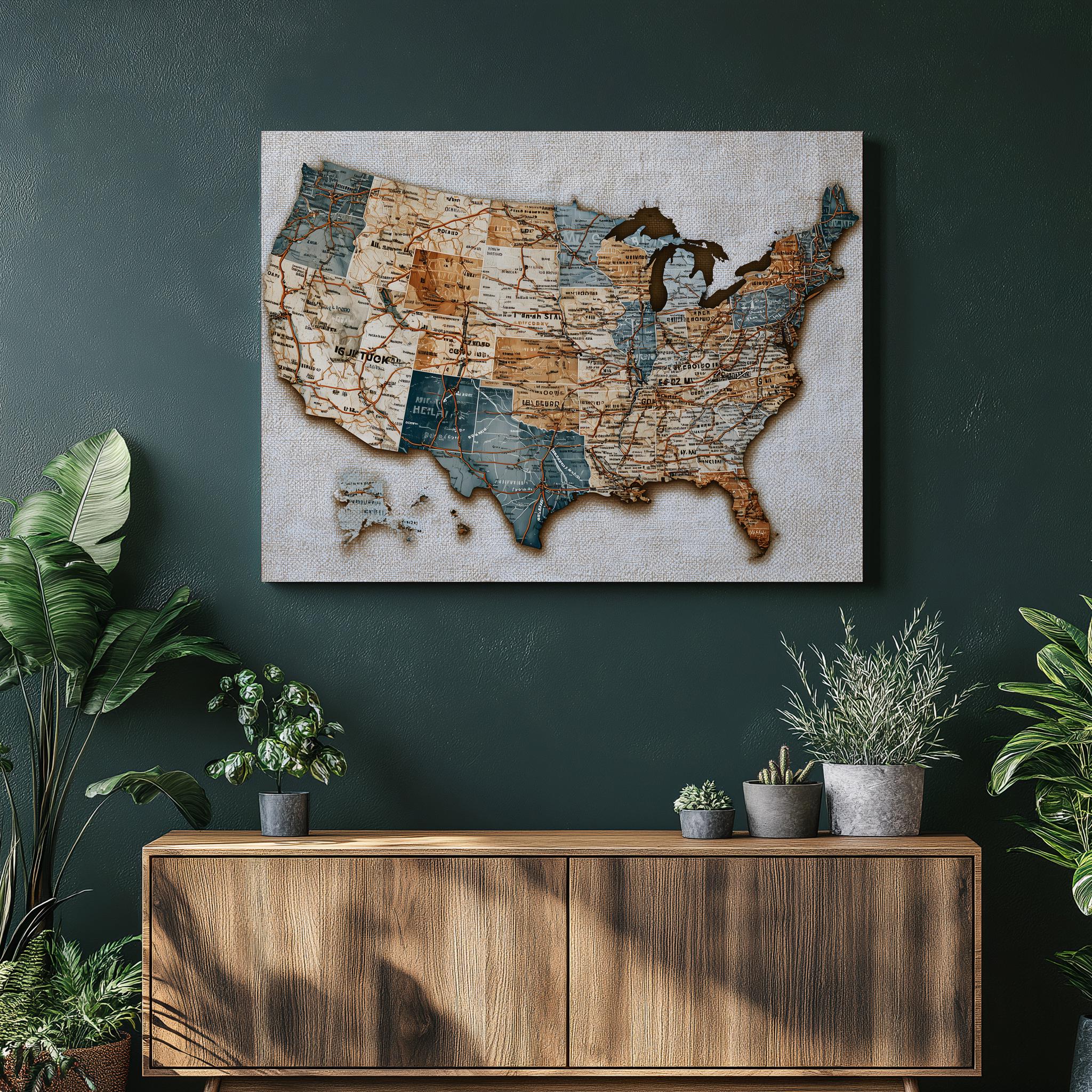 United States Map Canvas Wall Art - Vintage Route 66 Map Print With ...