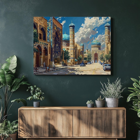 Uzbekistan Canvas Wall Art, traditional Silk Road bazaar painting, high detail, nostalgic Uzbek tilework, super realistic oil painting