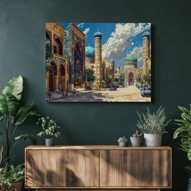 Test 3 mockup for Uzbekistan Canvas Wall Art, traditional Silk Road bazaar painting, high detail, nostalgic Uzbek tilework, super realistic oil painting