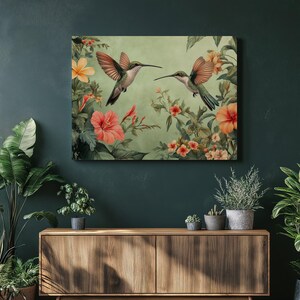 Peafowl Canvas Wall Art, Vibrant Hummingbirds and Tropical Plants Design, Vintage Jungle Aesthetic for Home Decor, Inexpensive Wall Hangings