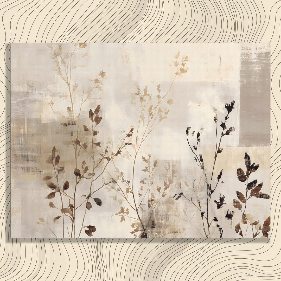 Neutral Botanical Canvas Wall Art - Soft Beige Leaves and Wildflower ...