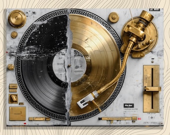 Tableau rétro sur toile – Platine vinyle dorée – Décoration murale rétro pour mélomanes et DJ – Cadeau audio analogique