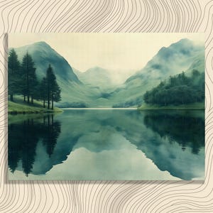 Serene Mountain Lake Canvas Wall Art – Minimal Misty Landscape Painting Nature Art Gift Greenery Tranquil Trees Reflections Print