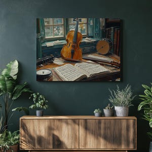 Musical Instruments Canvas Wall Art, Violin Guitar Flute Decor Art Print Cozy Music Room Gift, Decoration for Home Office Hallway or Bedroom