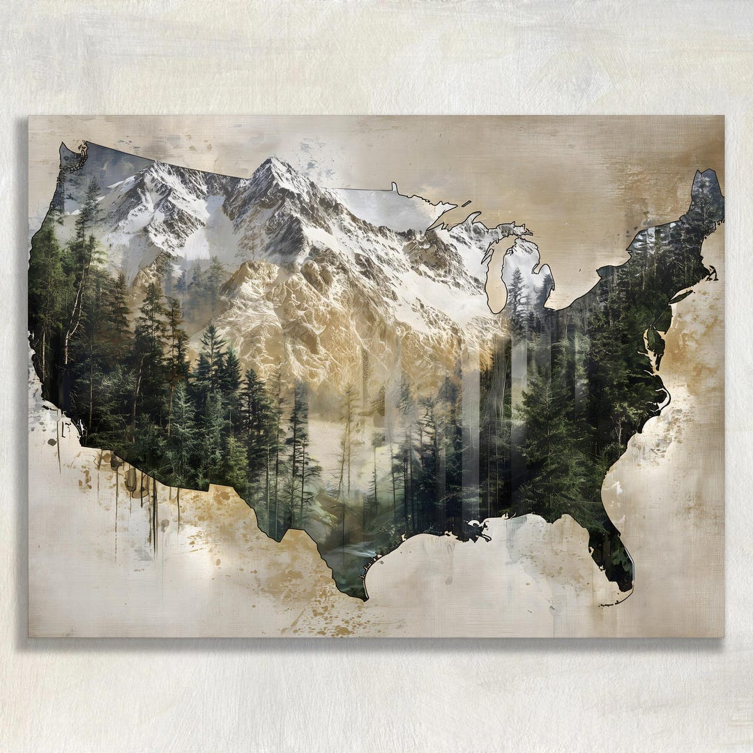 United States Map Canvas Wall Art - Rustic Vintage Mountain Forest ...