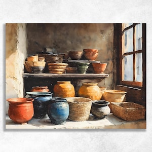 Cuadro de cerámica rústica para pared - Bodegón de cocina de granja con jarras de barro y cestas en una ventana soleada. Decoración campestre neutra.
