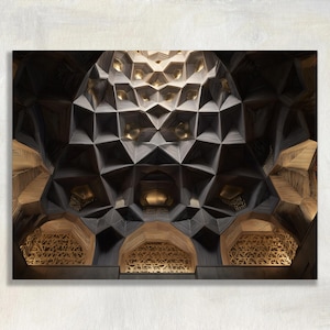 Islamska kopuła, płótno ścienne – złoty geometryczny nadruk na suficie meczetu, arabeska, geometria, architektura, klasyczny wystrój domu, fotografia, detal