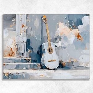 May include: An abstract painting of a white acoustic guitar leaning against a blue-grey wall. The guitar has a golden neck and strings. The background features architectural elements and cloud-like shapes with gold accents.